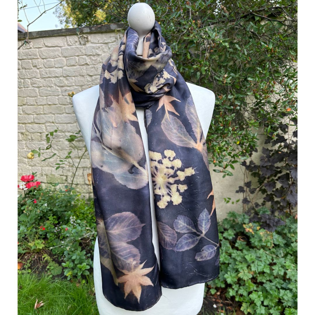 Large silk twill shawl dyed with logwood, printed with horse chestnut, ash & acer leaves and fennel seedheads
