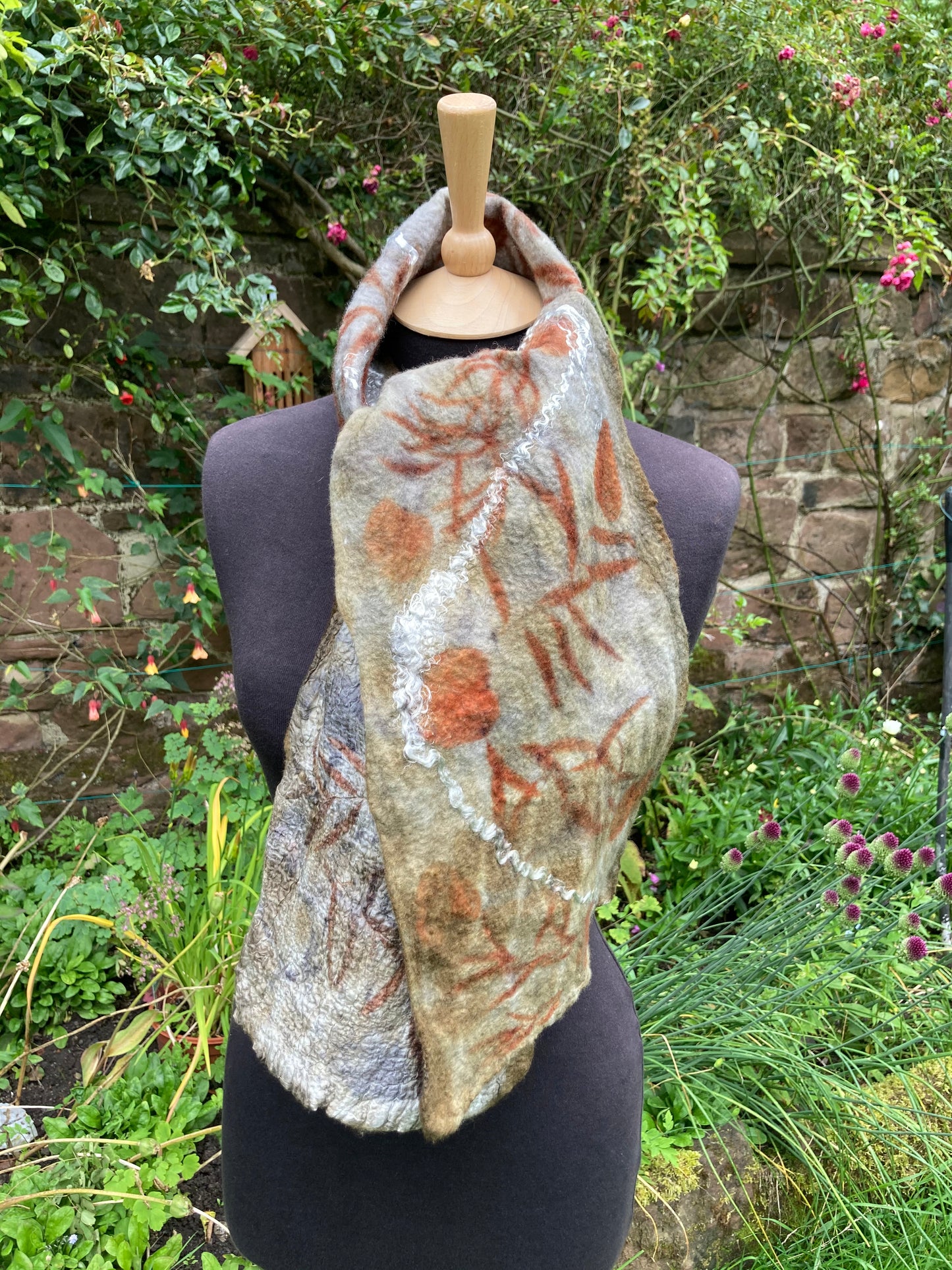 Nuno felted scarf, merino wool on silk, printed with eucalyptus SC25 image 2