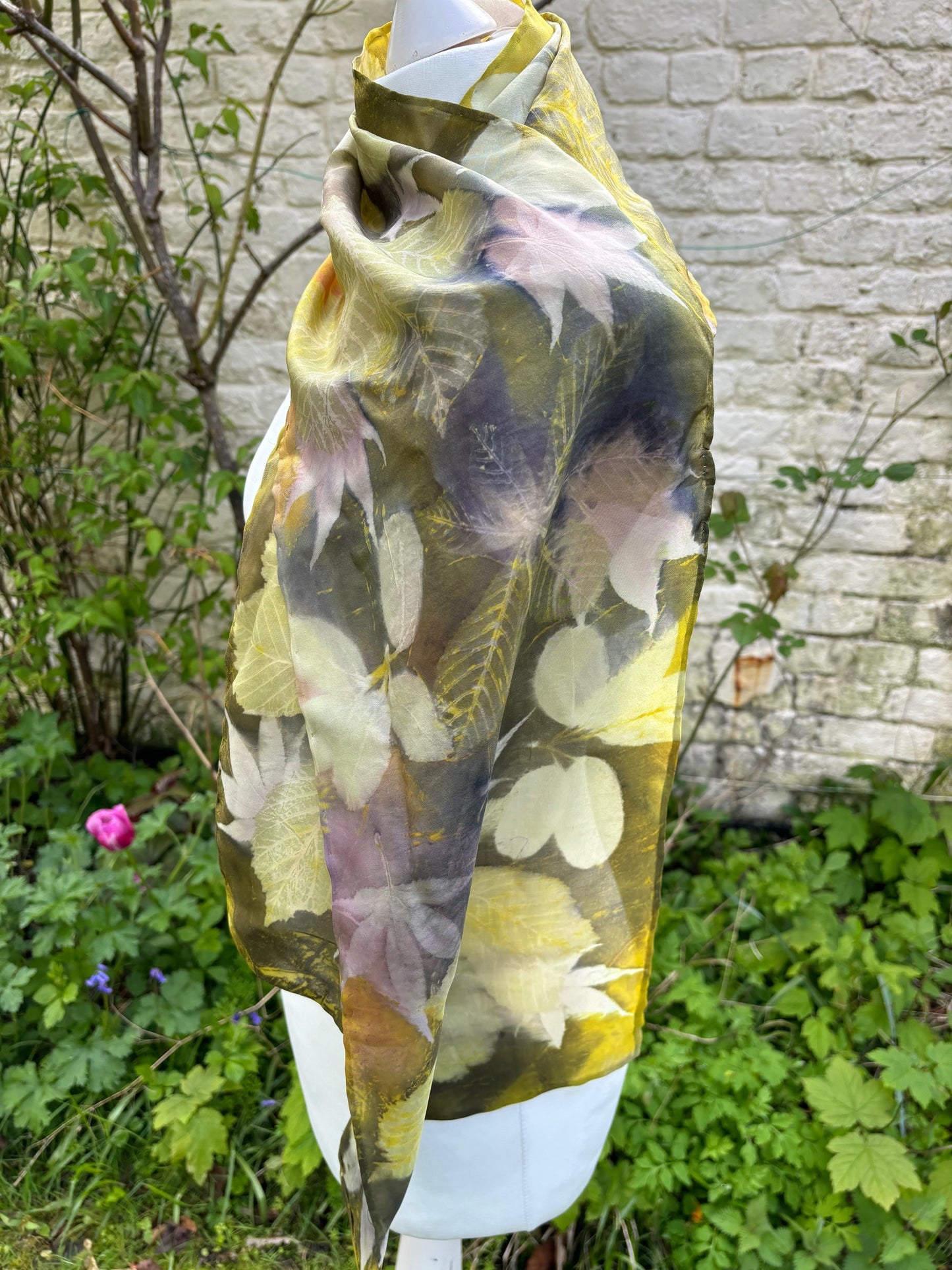 Peace silk scarf dyed with weld, logwood & cochineal, printed with mixed leaves image 1