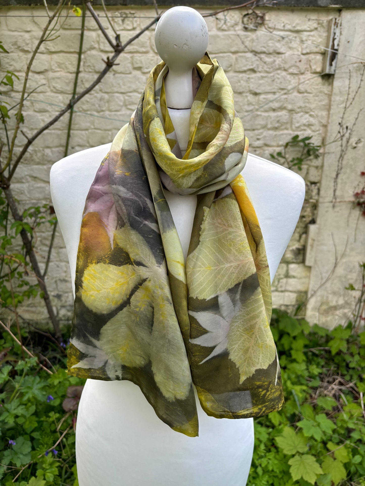 Peace silk scarf dyed with weld, logwood & cochineal, printed with mixed leaves image 0