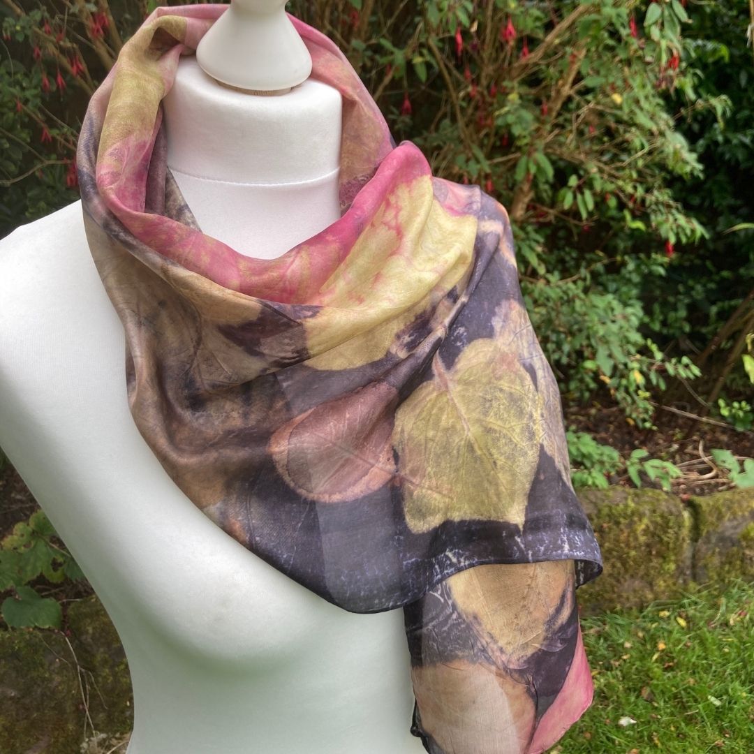Silk scarf with three dyes, catalpa, fig and cotinus leaves [SC110] image 1