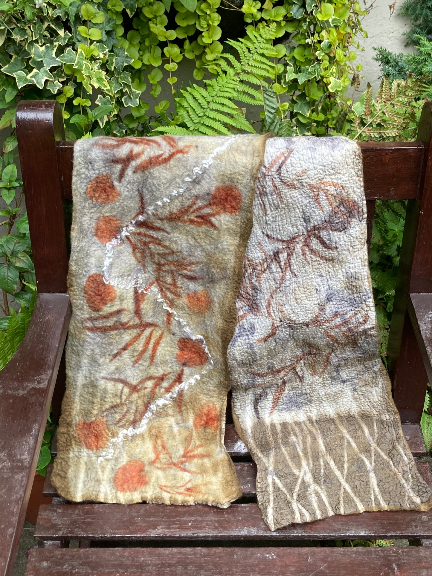 Nuno felted scarf, merino wool on silk, printed with eucalyptus SC25 image 1