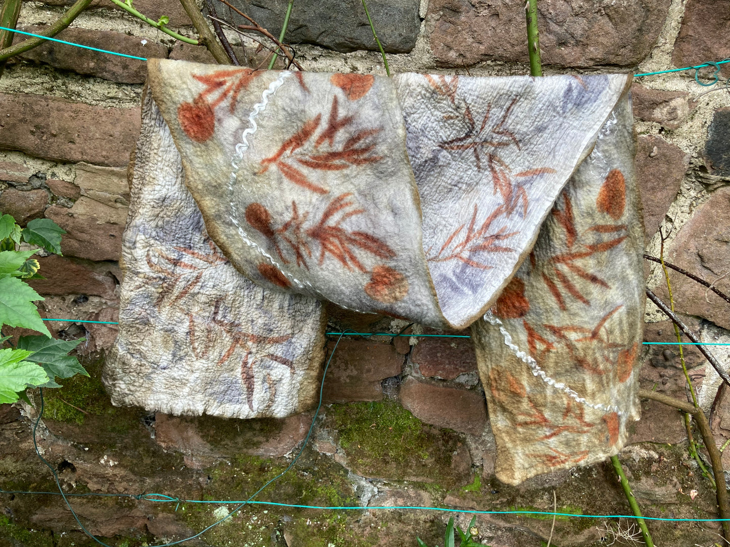 Nuno felted scarf, merino wool on silk, printed with eucalyptus SC25 image 0