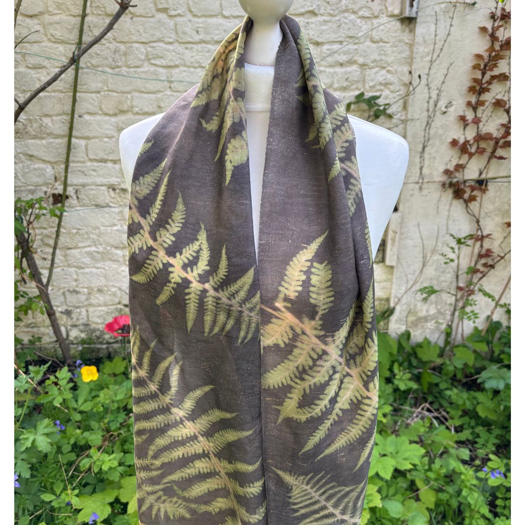 Peace Silk Scarf Hand Dyed with Green Tea & Hand Printed with Ferns [SC249] image 2