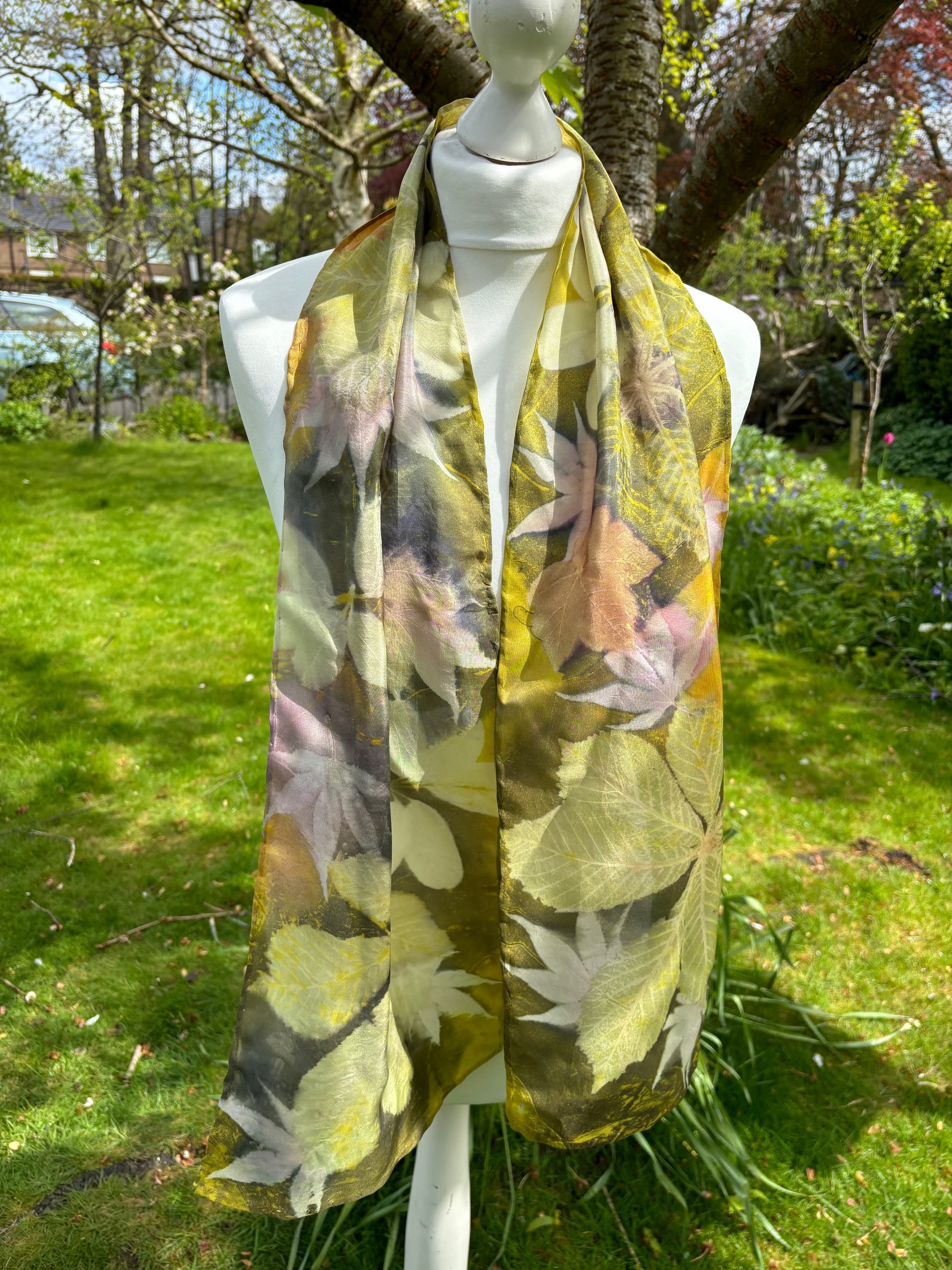 Peace silk scarf dyed with weld, logwood & cochineal, printed with mixed leaves image 2