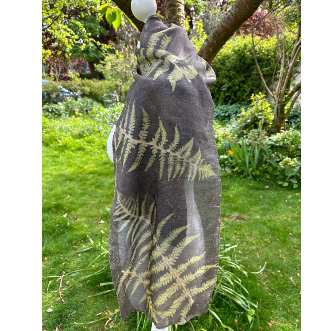 Peace Silk Scarf Hand Dyed with Green Tea & Hand Printed with Ferns [SC249] image 1