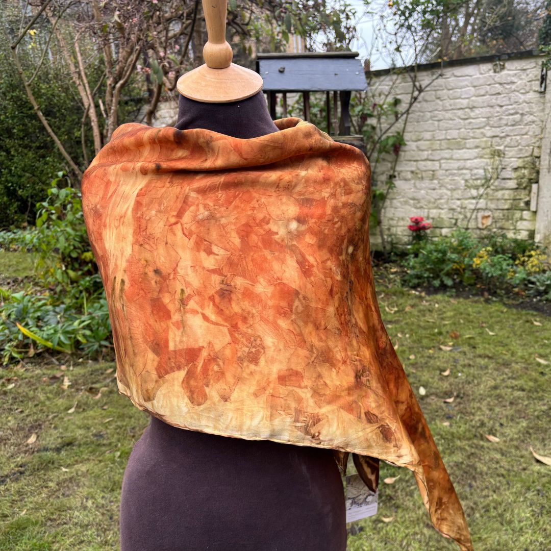 Silk Satin Shawl hand printed with onion skins  [SC282] image 0