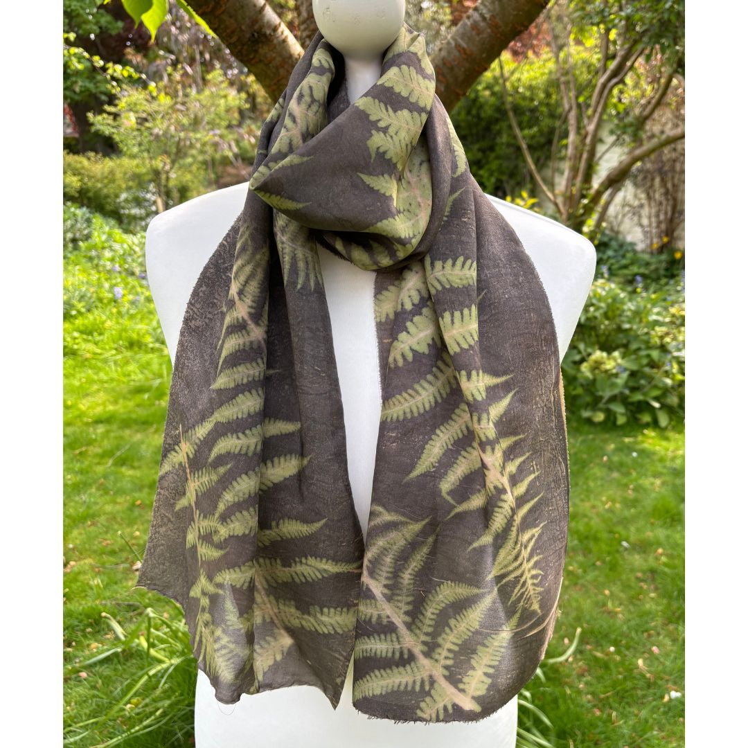 Peace Silk Scarf Hand Dyed with Green Tea & Hand Printed with Ferns [SC249] image 0
