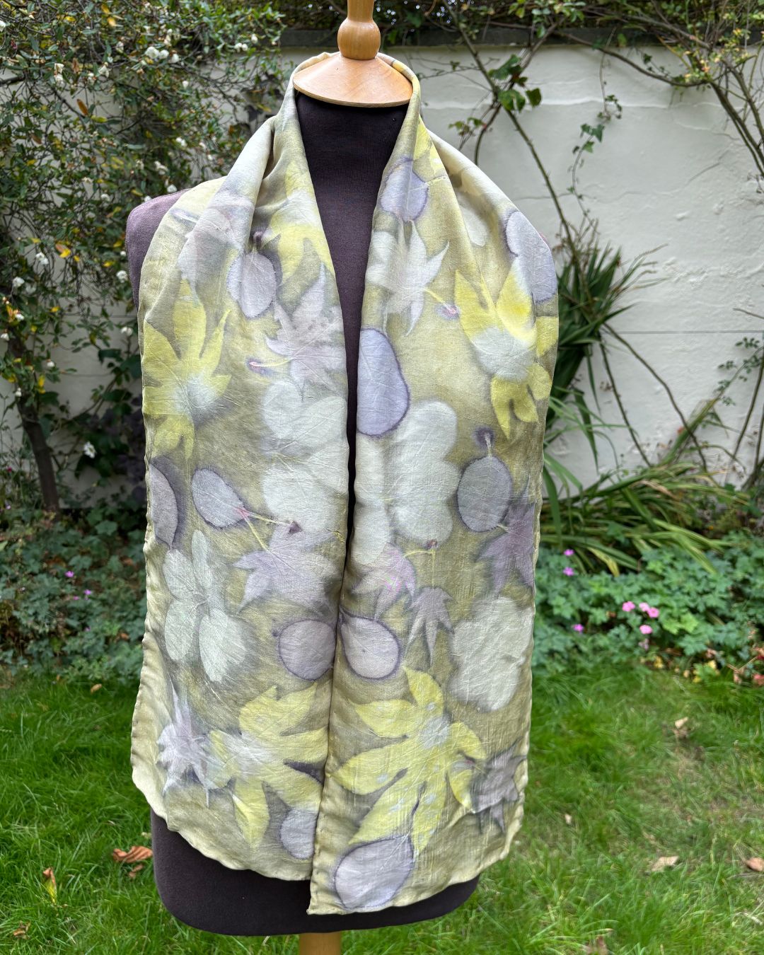 Peace silk scarf with weld and castor oil plant, cotinus, chocolate vine and acer leaves [SC287]