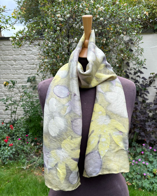 Peace silk scarf with weld and castor oil plant, cotinus, chocolate vine and acer leaves [SC287]