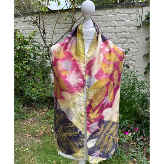 Peace silk scarf dyed with weld, cochineal & logwood,  printed with mixed leaves [SC288]