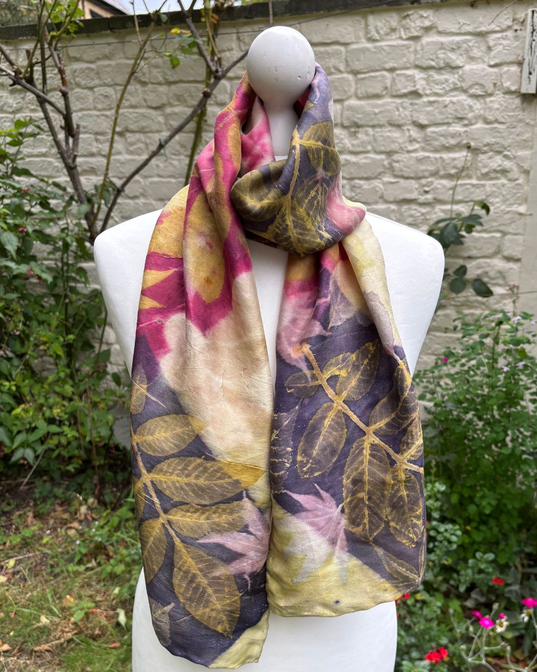Peace silk scarf dyed with weld, cochineal & logwood,  printed with mixed leaves [SC288]