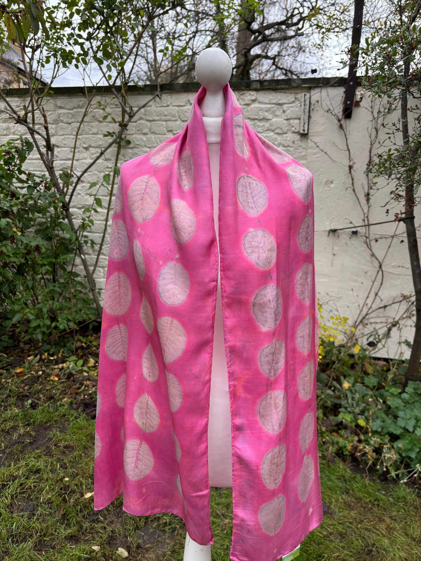 Silk Twill Scarf/Shawl Dyed with Cochineal and Printed with Cotinus Leaves [SC291]