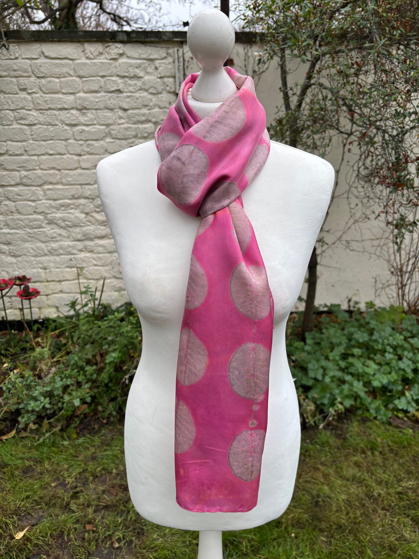 Silk Twill Scarf/Shawl Dyed with Cochineal and Printed with Cotinus Leaves [SC291]