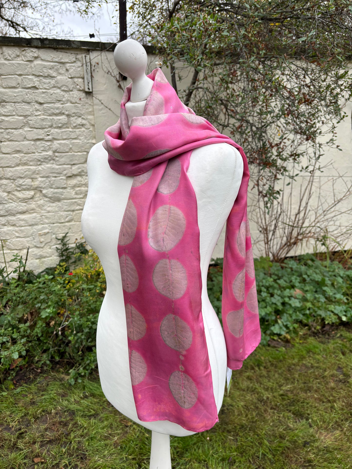 Silk Twill Scarf/Shawl Dyed with Cochineal and Printed with Cotinus Leaves [SC291]