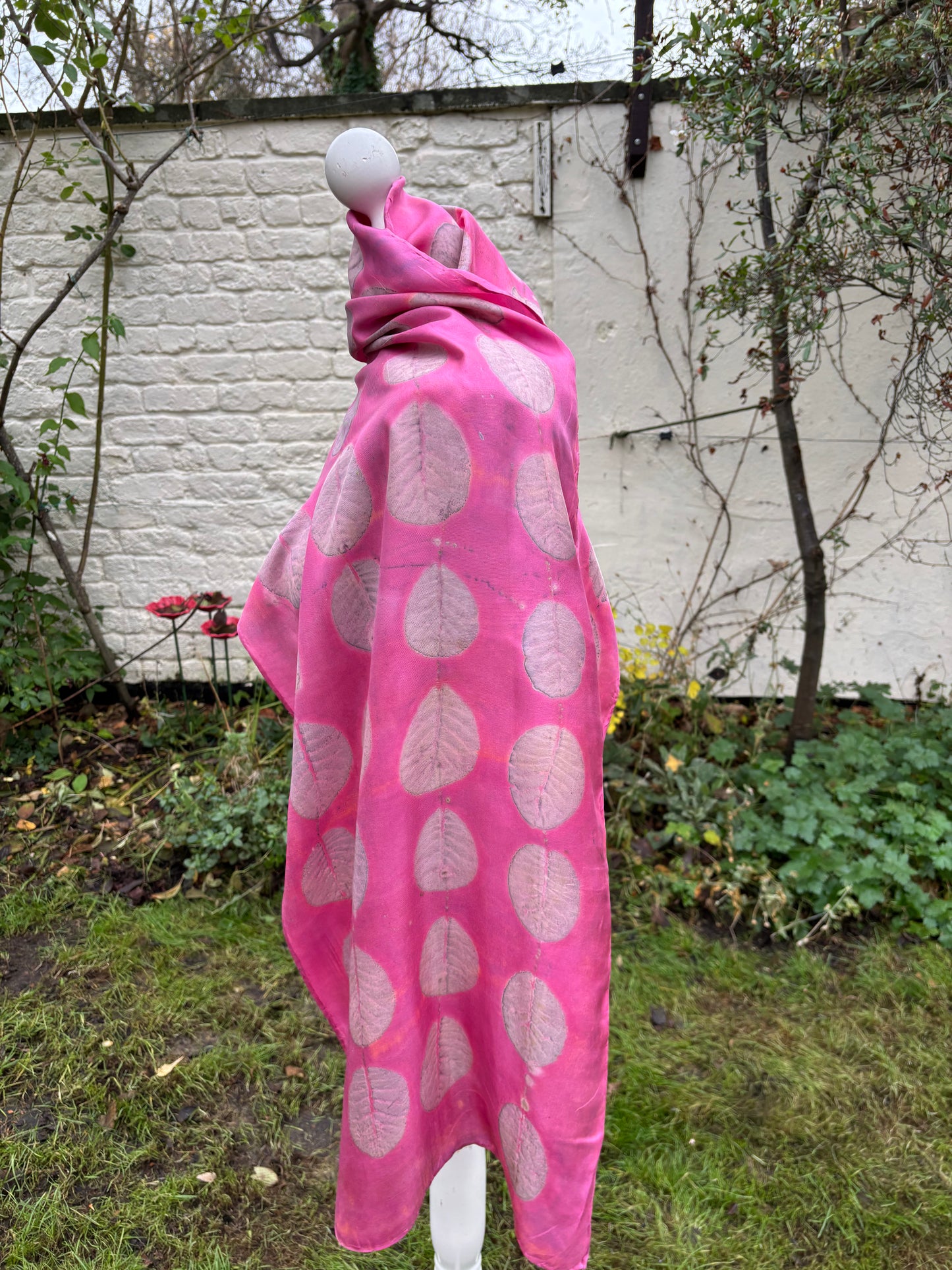 Silk Twill Scarf/Shawl Dyed with Cochineal and Printed with Cotinus Leaves [SC291]