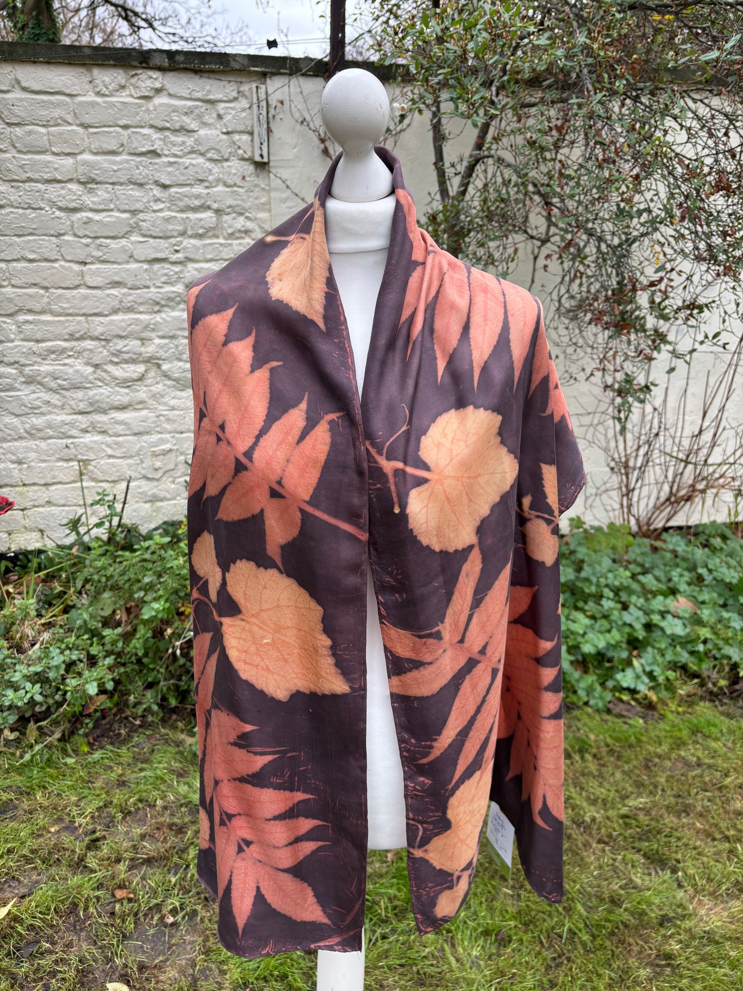 Silk Twill Scarf/Shawl dyed with Madder & Logwood, with Sumac & Vine Leaves [SC294]