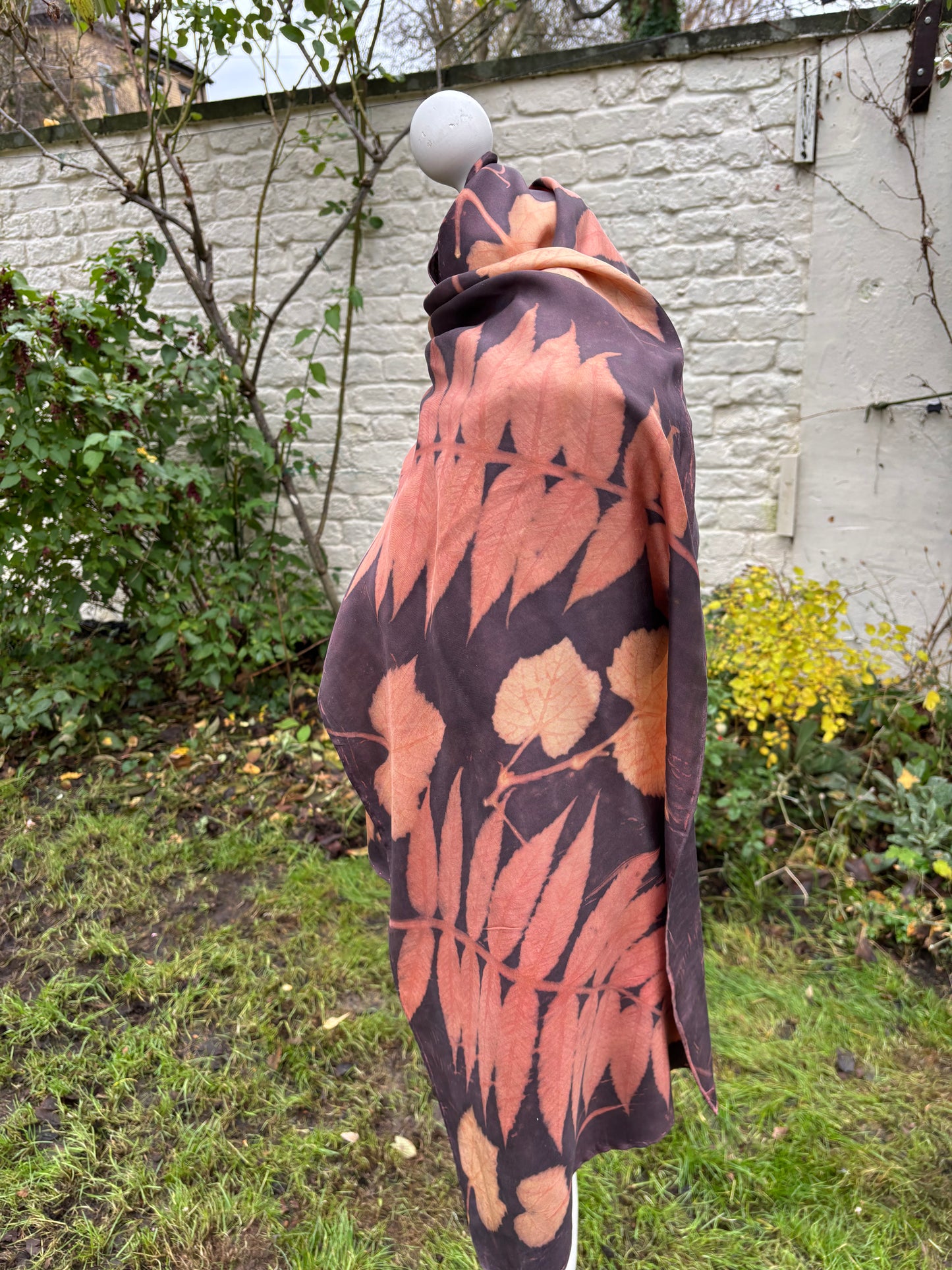 Silk Twill Scarf/Shawl dyed with Madder & Logwood, with Sumac & Vine Leaves [SC294]