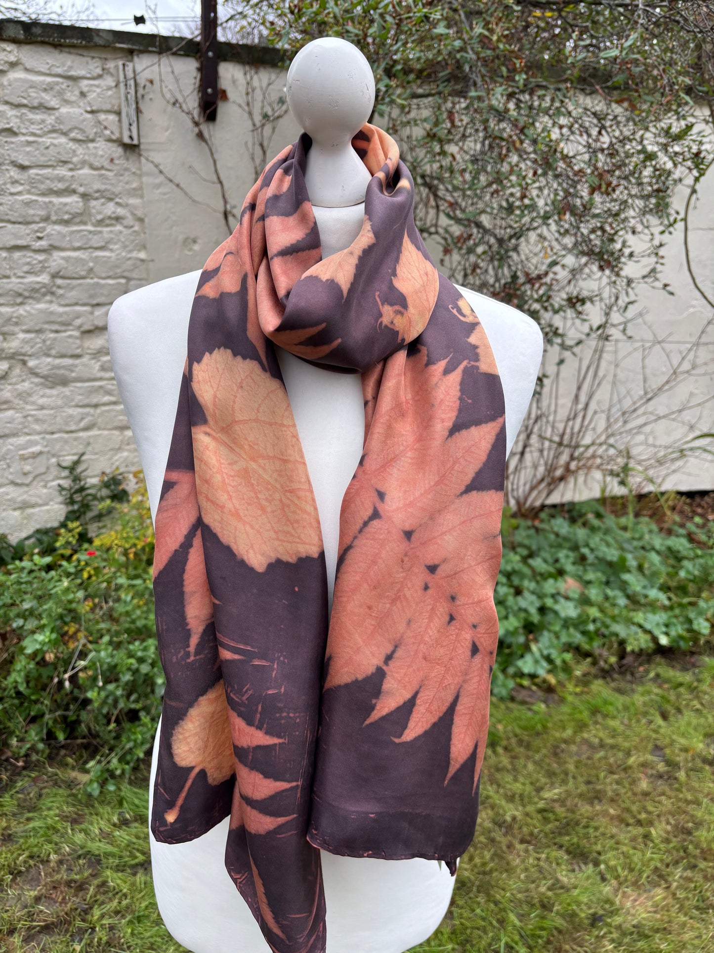 Silk Twill Scarf/Shawl dyed with Madder & Logwood, with Sumac & Vine Leaves [SC294]