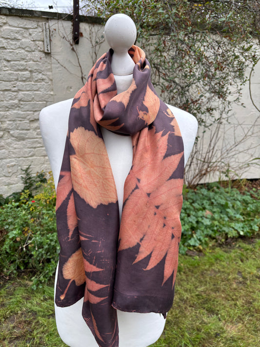 Silk Twill Scarf/Shawl dyed with Madder & Logwood, with Sumac & Vine Leaves [SC294]