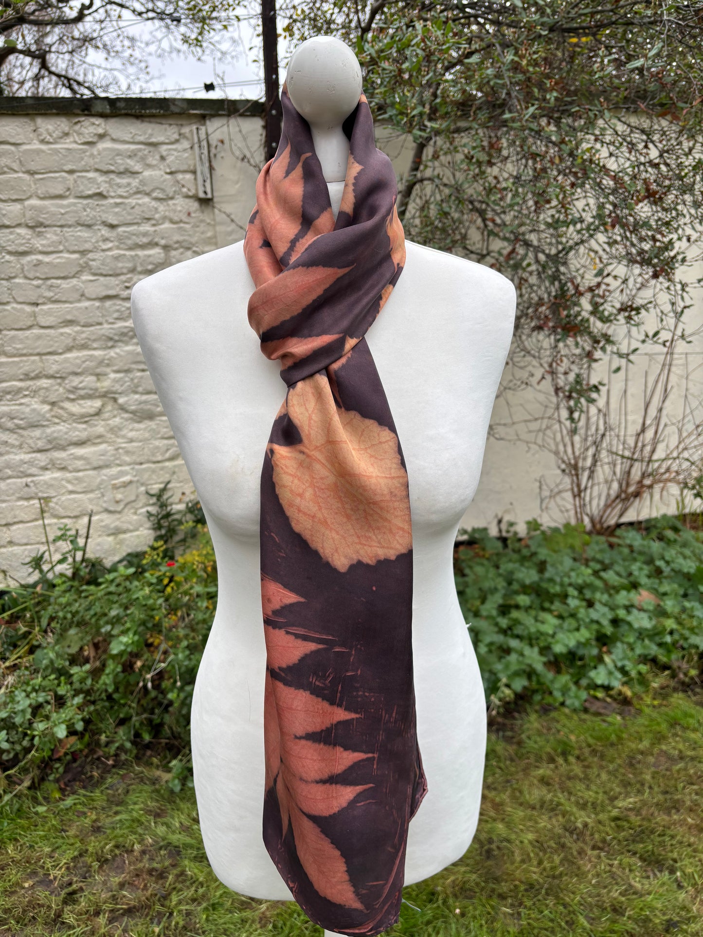 Silk Twill Scarf/Shawl dyed with Madder & Logwood, with Sumac & Vine Leaves [SC294]