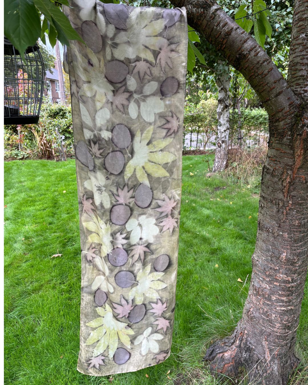 Silk satin shawl, dyed with weld and iron, printed with caster oil and other leaves [SC295]