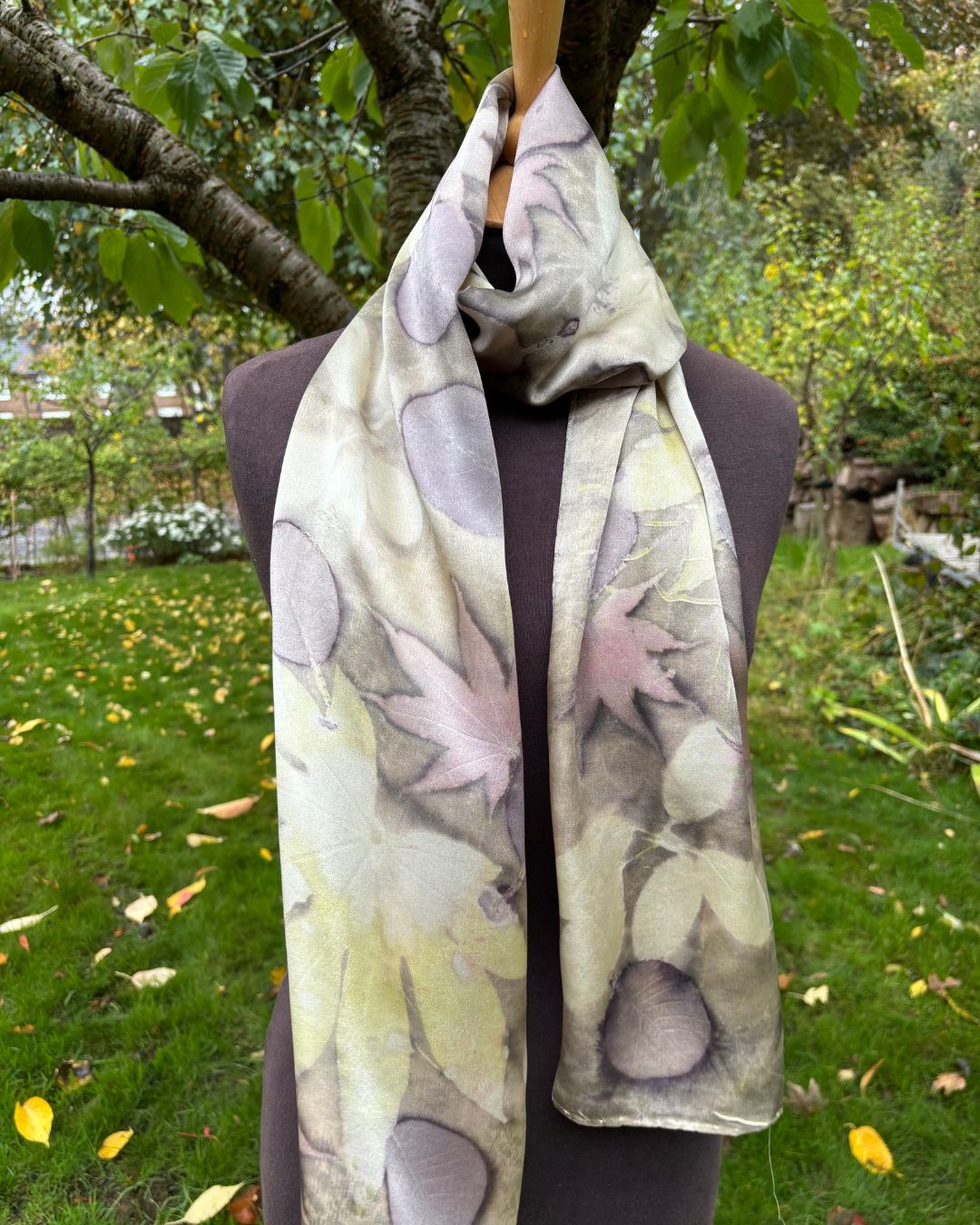 Silk satin shawl, dyed with weld and iron, printed with caster oil and other leaves [SC295]