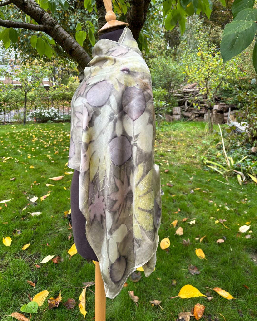 Silk satin shawl, dyed with weld and iron, printed with caster oil and other leaves [SC295]