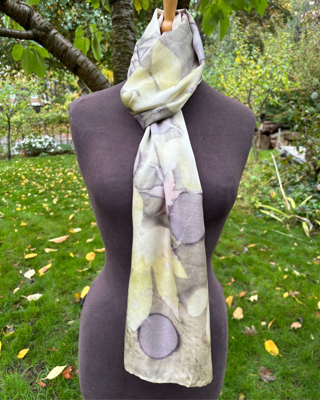 Silk satin shawl, dyed with weld and iron, printed with caster oil and other leaves [SC295]