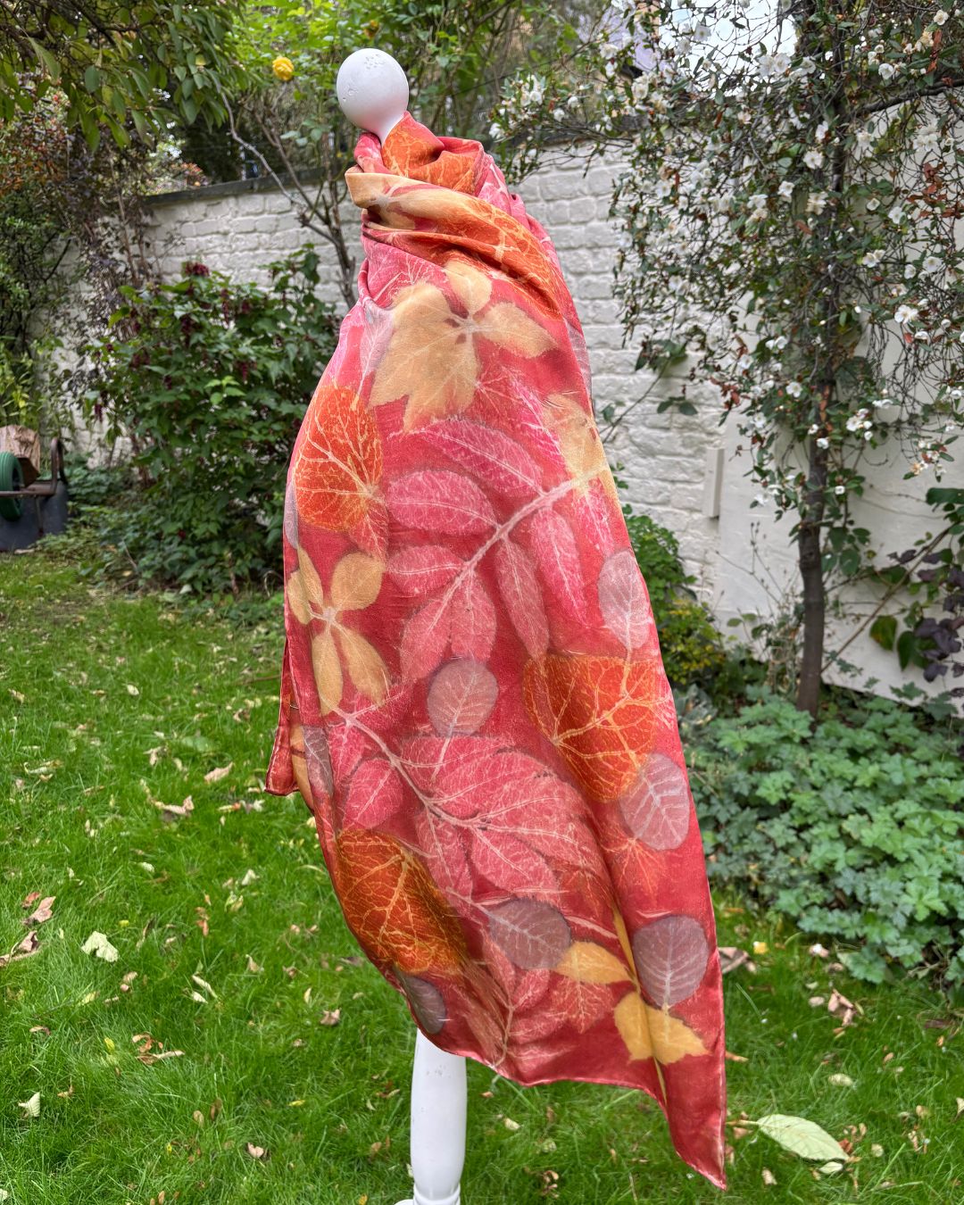 Silk satin shawl, dyed with madder, printed with virginia creeper, ash, cotinus & catalpa leaves [SC298]