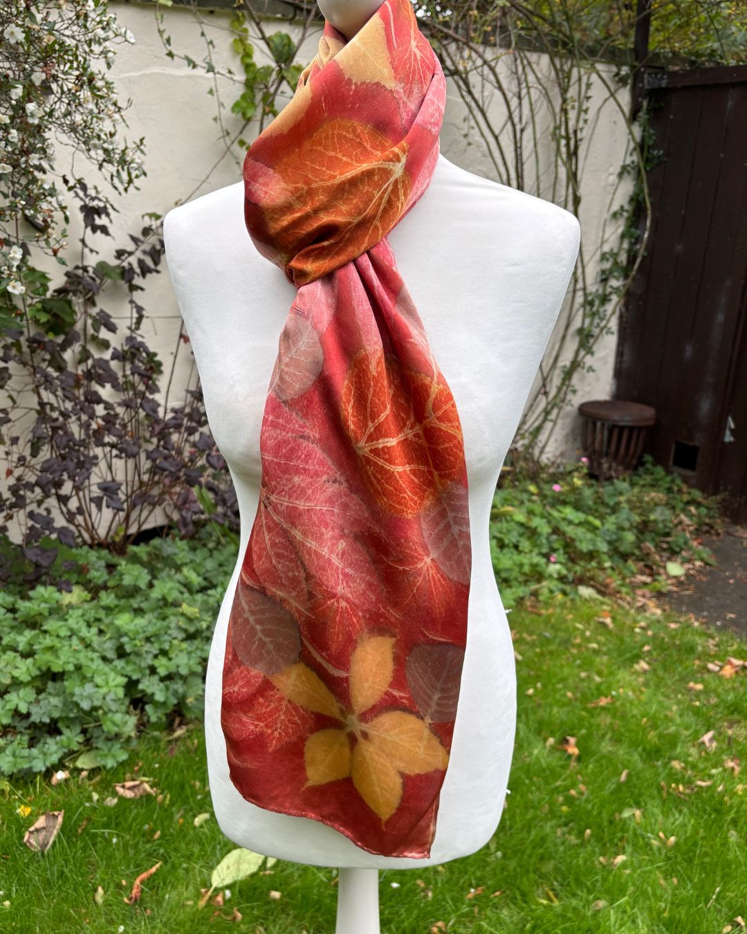 Silk satin shawl, dyed with madder, printed with virginia creeper, ash, cotinus & catalpa leaves [SC298]