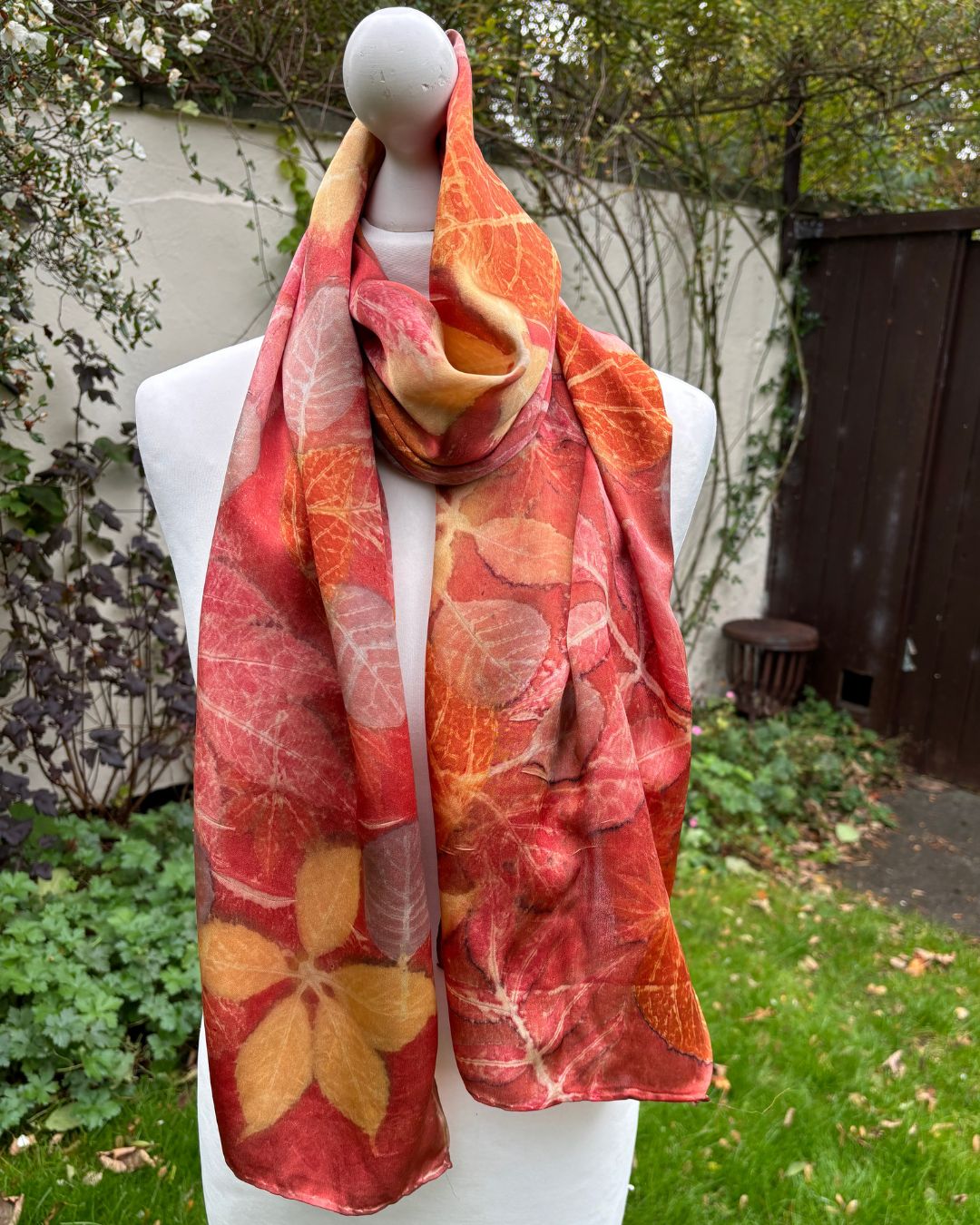 Silk satin shawl, dyed with madder, printed with virginia creeper, ash, cotinus & catalpa leaves [SC298]