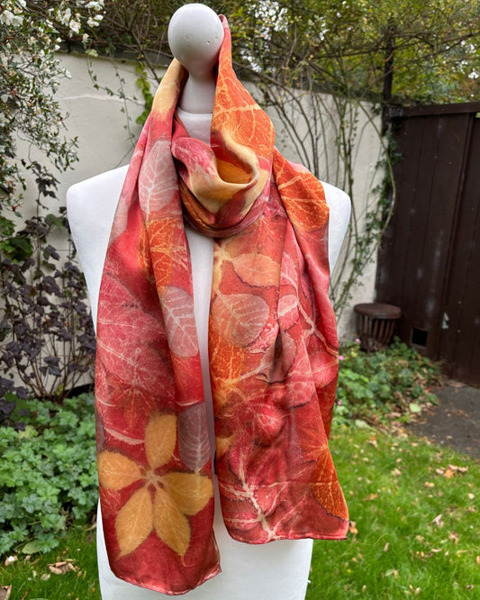 Silk satin shawl, dyed with madder, printed with virginia creeper, ash, cotinus & catalpa leaves [SC298]