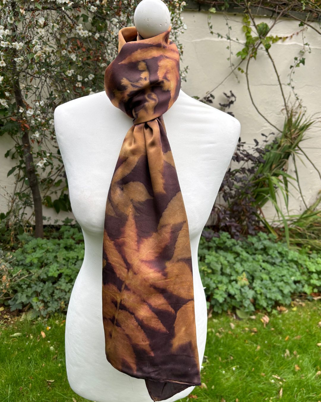 Silk satin shawl, dyed with onion skins & logwood, printed with sumac and virginia creeper leaves [SC299]