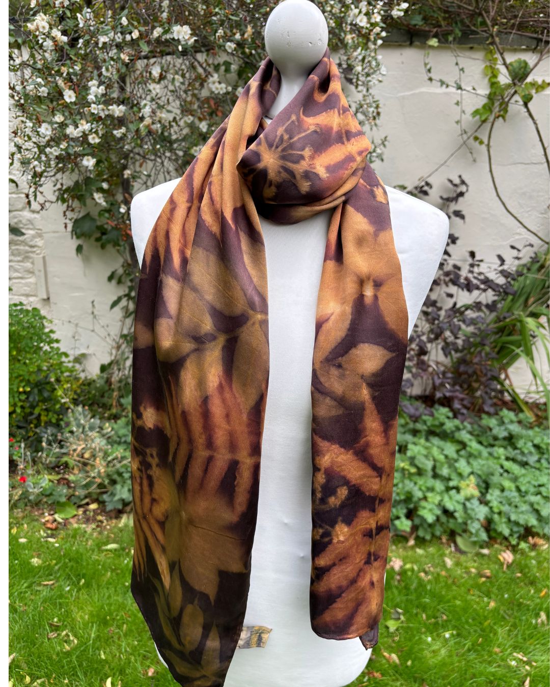 Silk satin shawl, dyed with onion skins & logwood, printed with sumac and virginia creeper leaves [SC299]