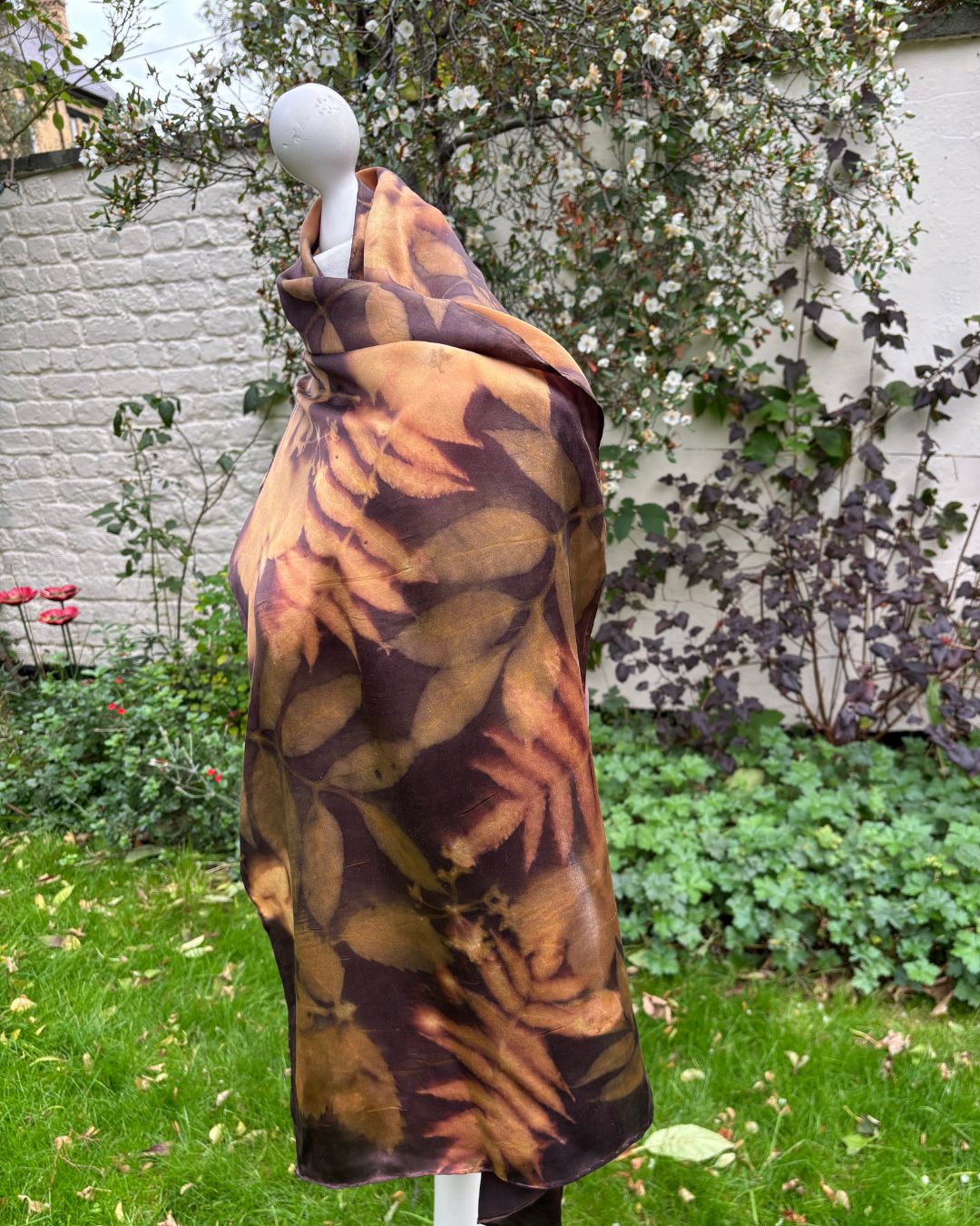 Silk satin shawl, dyed with onion skins & logwood, printed with sumac and virginia creeper leaves [SC299]