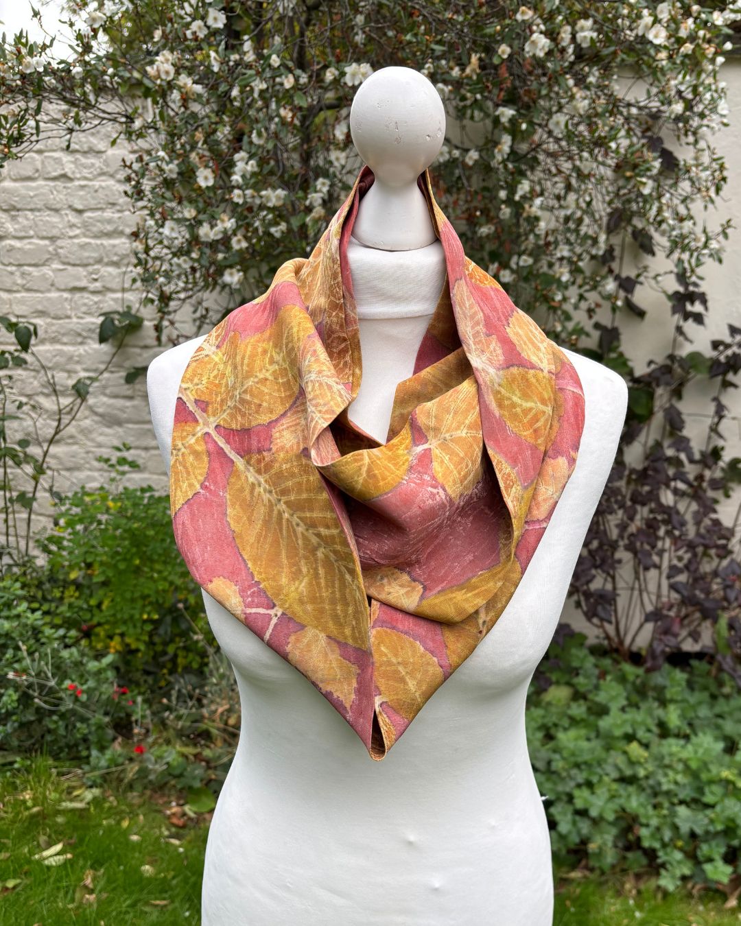 Kimono silk infinity scarf dyed with madder, printed with walnut, horse chestnut & silver birch [SC230]