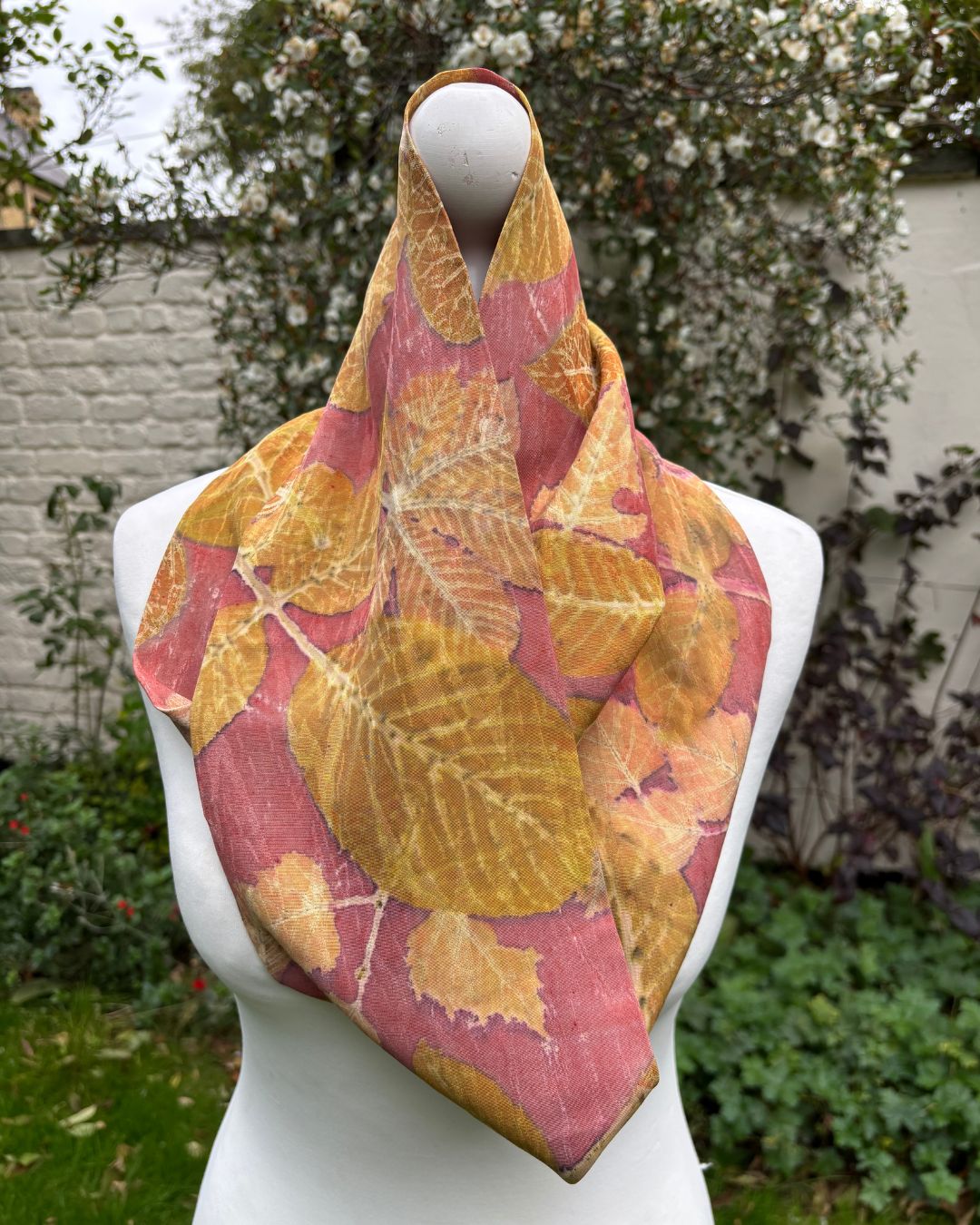 Kimono silk infinity scarf dyed with madder, printed with walnut, horse chestnut & silver birch [SC230]