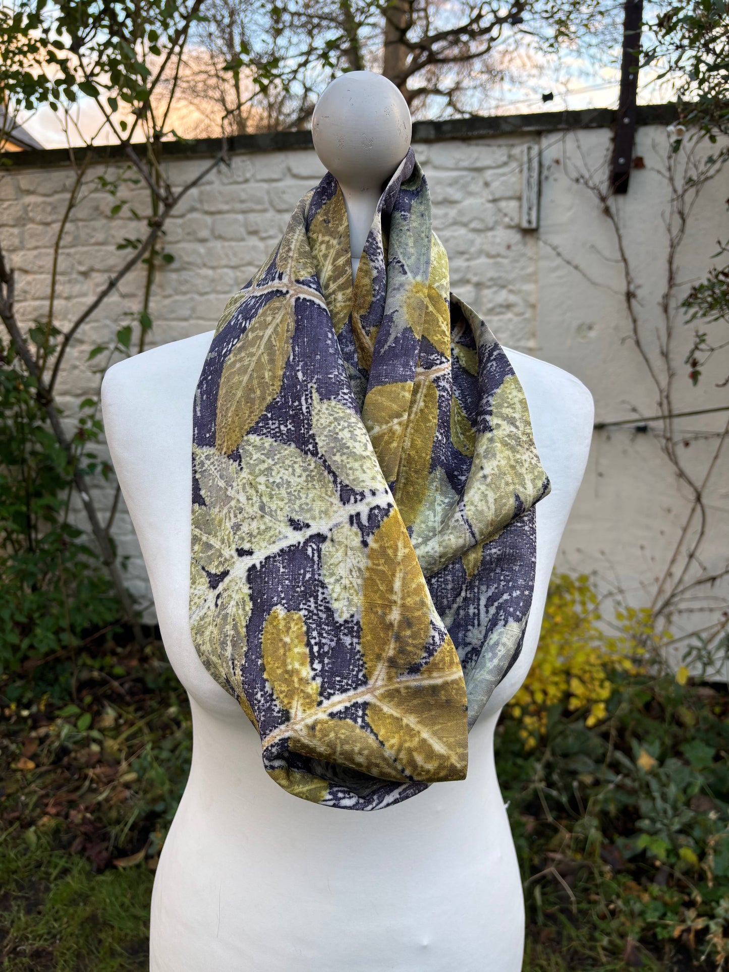 Kimono silk infinity scarf dyed with logwood, with walnut, wisteria, chocolate vine & acer [SC301]