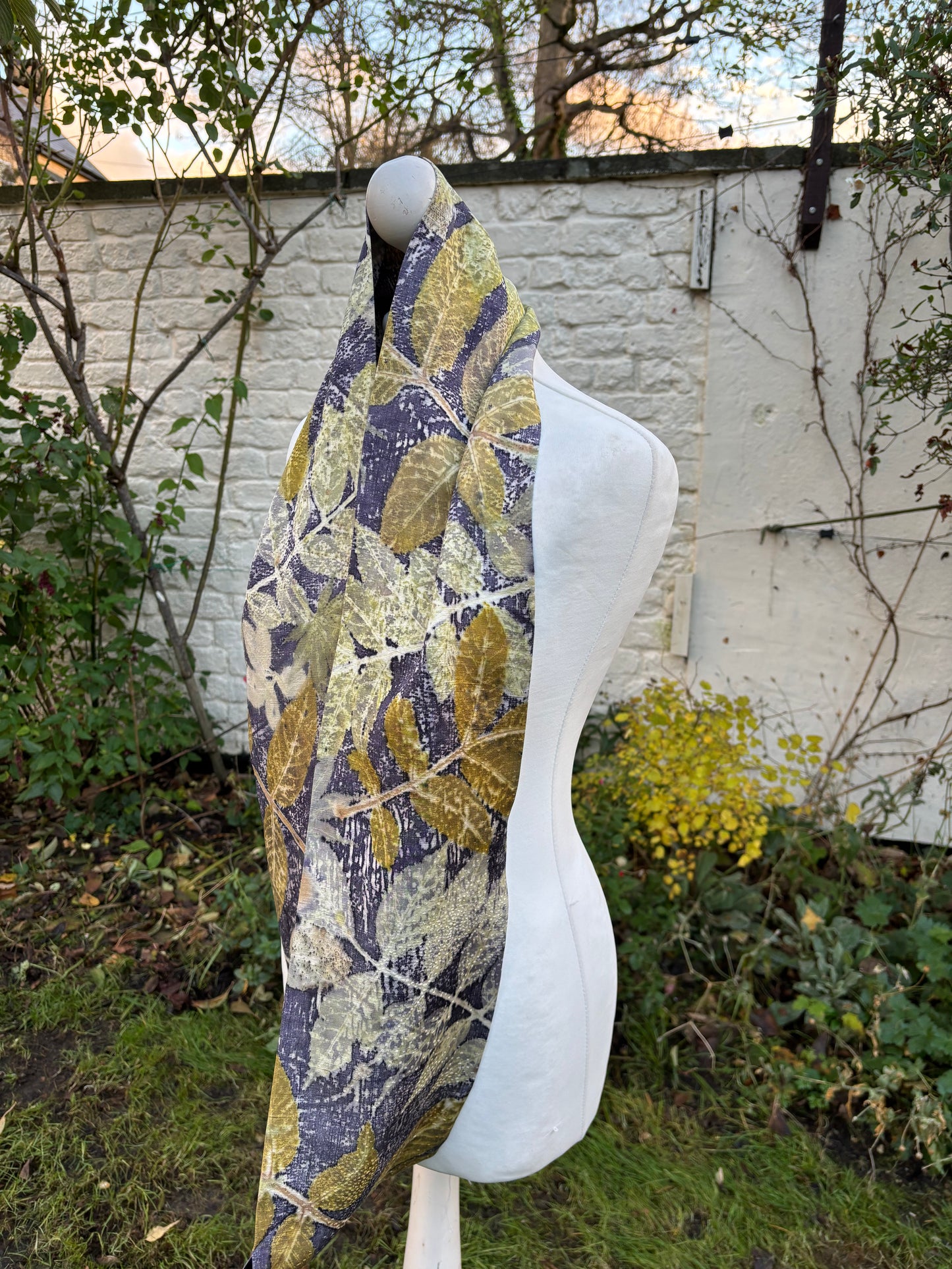 Kimono silk infinity scarf dyed with logwood, with walnut, wisteria, chocolate vine & acer [SC301]