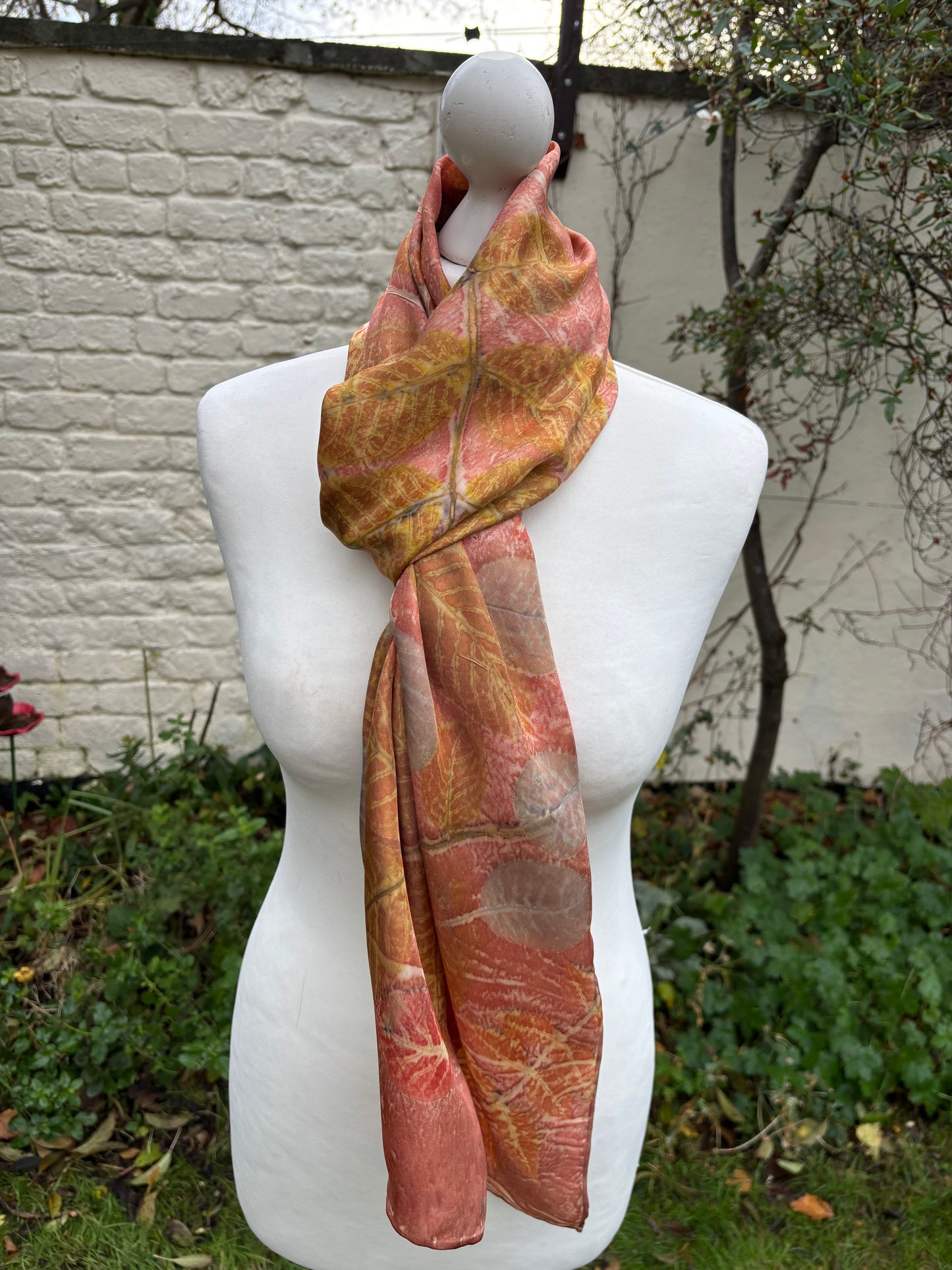 Silk Twill Scarf/Shawl dyed with Madder, with Walnut, Cotinus & Virginia Creeper & Vine Leaves [SC311]
