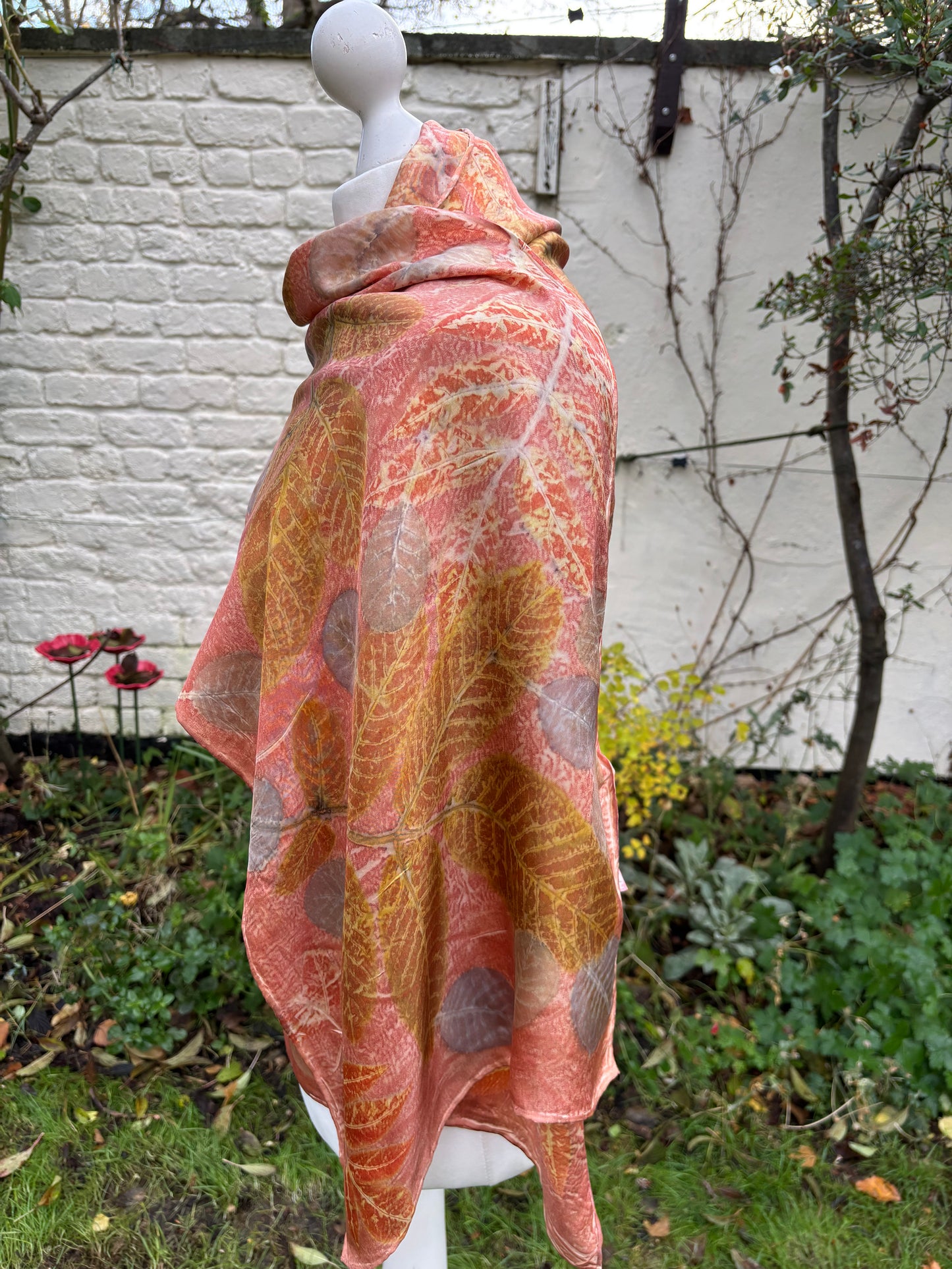 Silk Twill Scarf/Shawl dyed with Madder, with Walnut, Cotinus & Virginia Creeper & Vine Leaves [SC311]