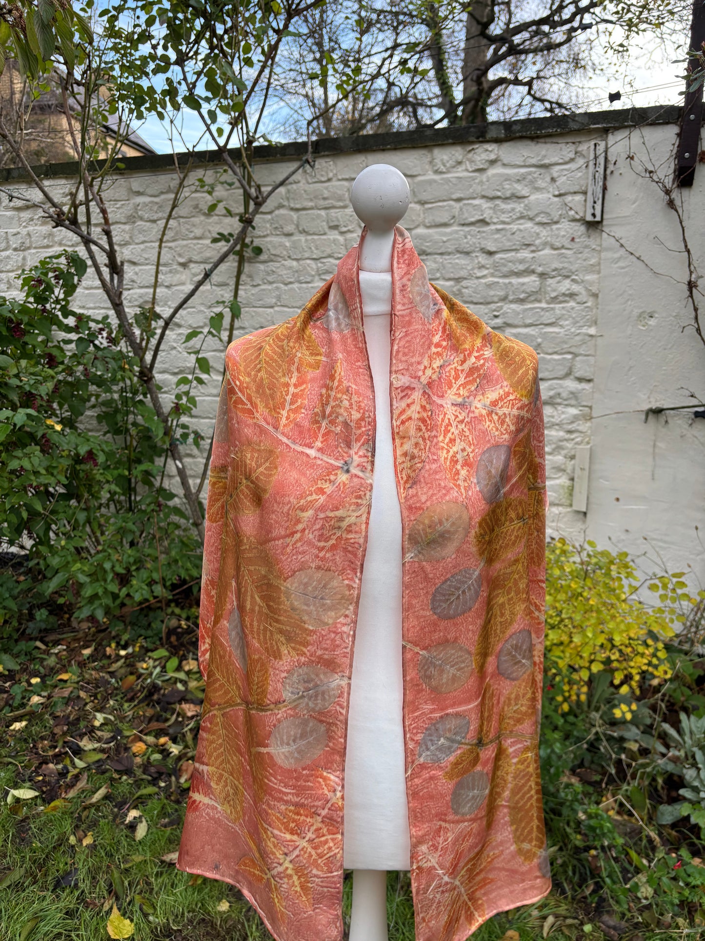 Silk Twill Scarf/Shawl dyed with Madder, with Walnut, Cotinus & Virginia Creeper & Vine Leaves [SC311]