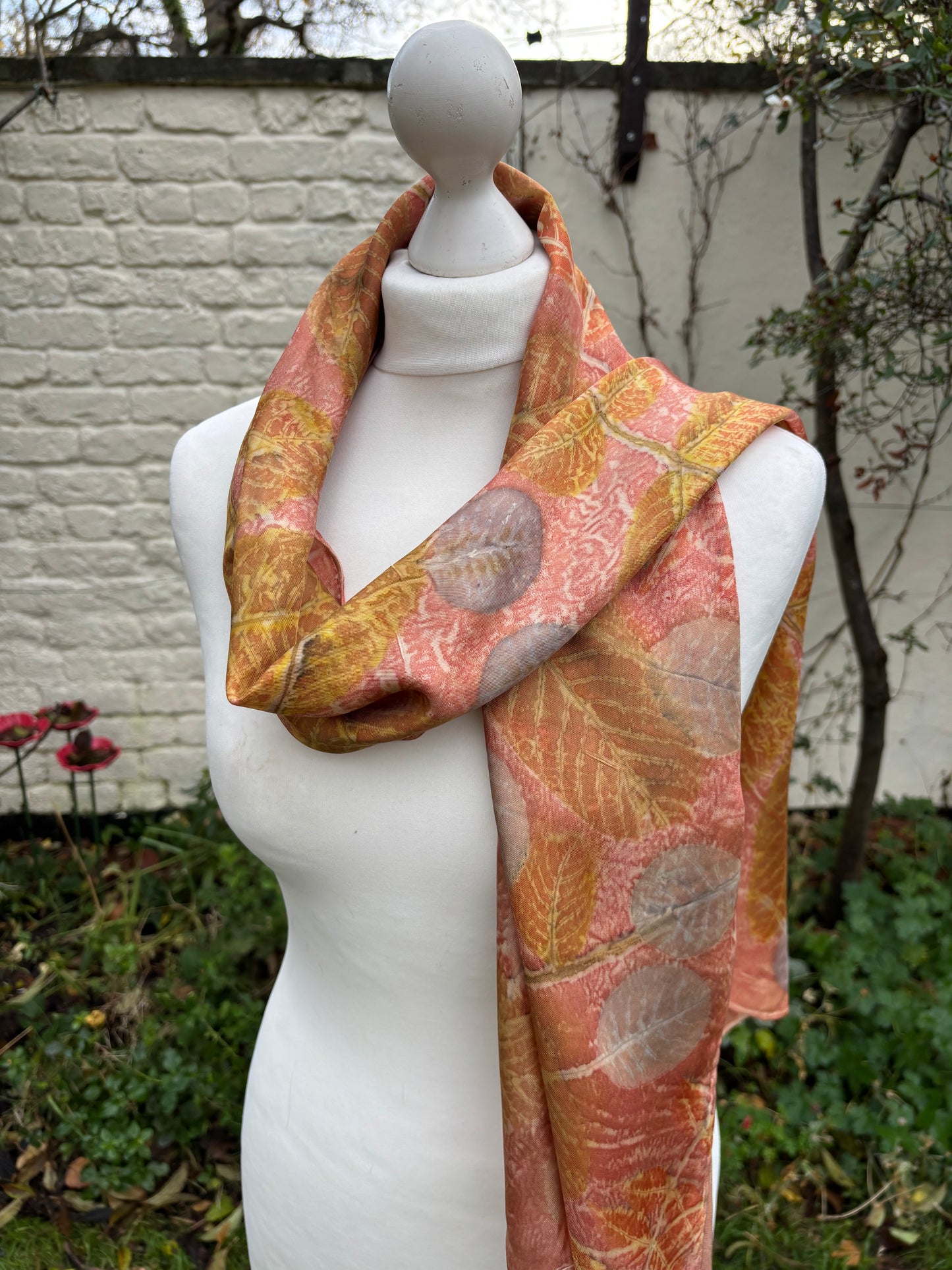 Silk Twill Scarf/Shawl dyed with Madder, with Walnut, Cotinus & Virginia Creeper & Vine Leaves [SC311]