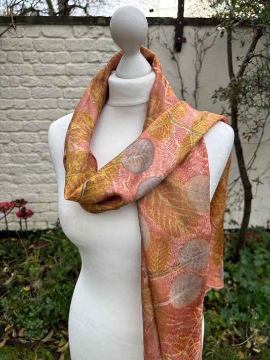 Silk Twill Scarf/Shawl dyed with Madder, with Walnut, Cotinus & Virginia Creeper & Vine Leaves [SC311]
