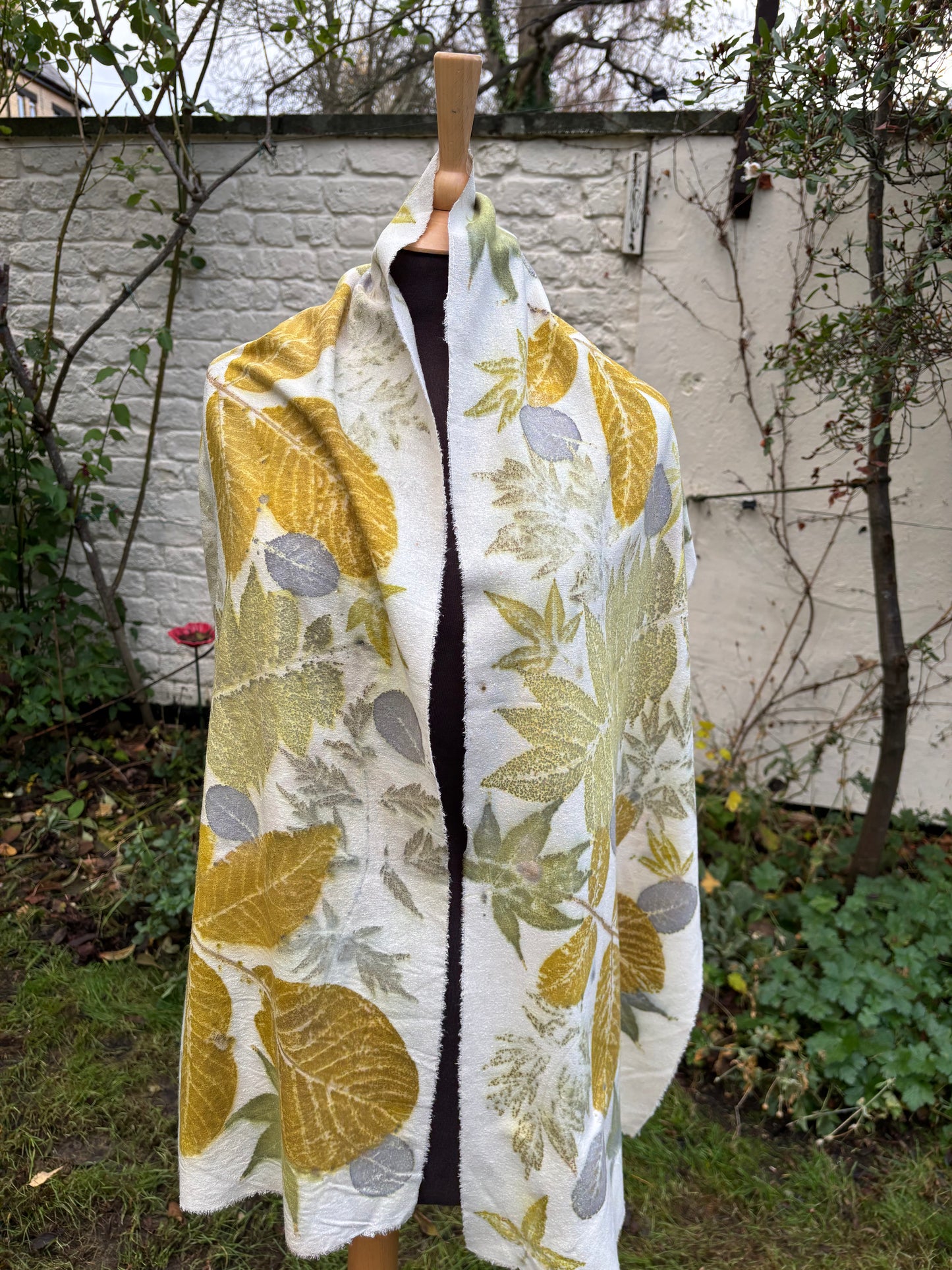 Silk Noil Scarf/Shawl Printed with Local Leaves  [SC315]