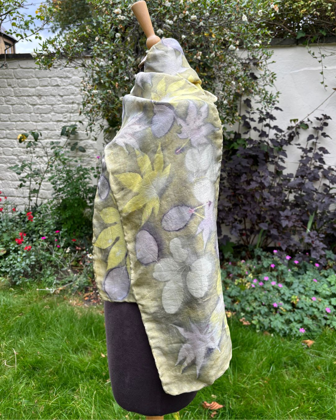 Peace silk scarf with weld and castor oil plant, cotinus, chocolate vine and acer leaves [SC287]