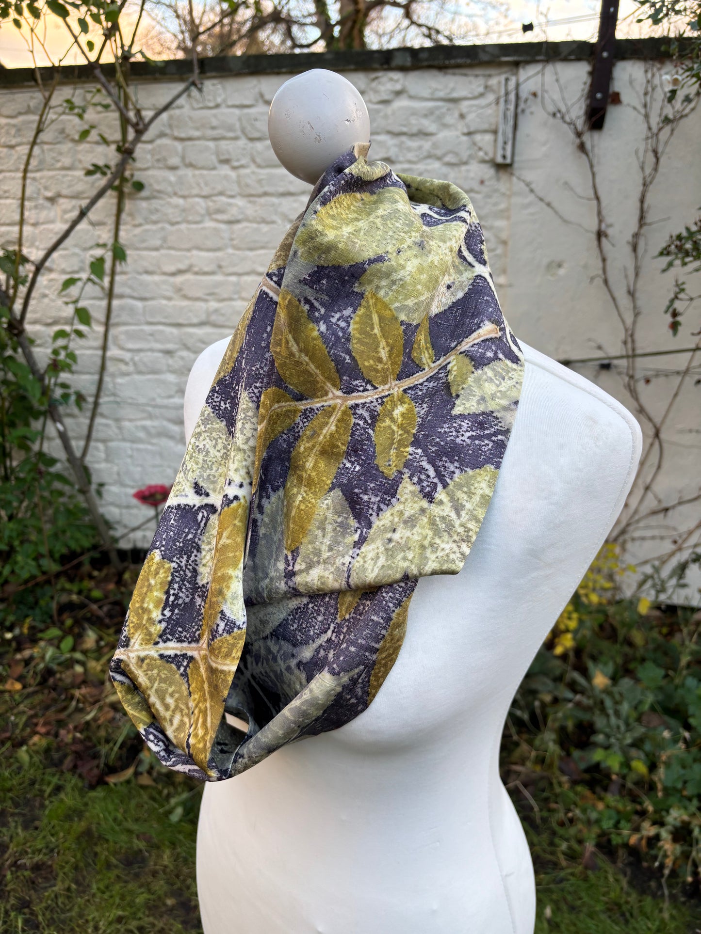 Kimono silk infinity scarf dyed with logwood, with walnut, wisteria, chocolate vine & acer [SC301]