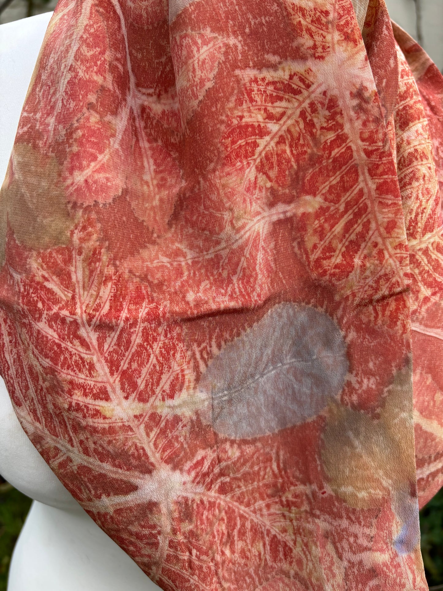Crepe de Chine Silk Infinity Scarf dyed with Madder, with Horse Chestnut, Cotinus and Virginia Creeper Leaves [SC310]