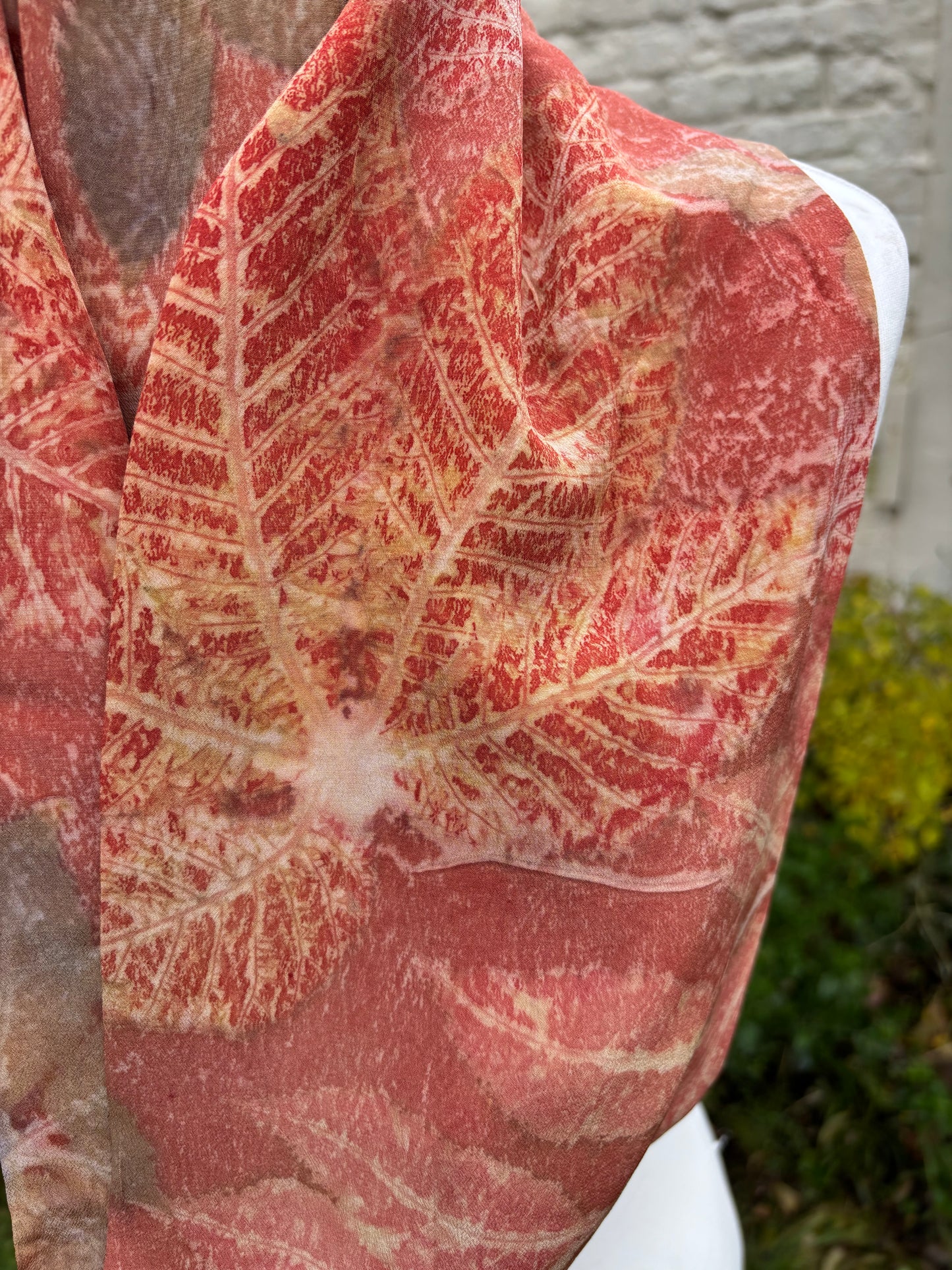 Crepe de Chine Silk Infinity Scarf dyed with Madder, with Horse Chestnut, Cotinus and Virginia Creeper Leaves [SC310]